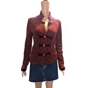 Anthropologie HWR Sz M Red Velour Marled Boucle Wool Blend Cardigan Sweater
